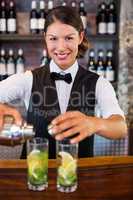 Portrait of bartender pouring a drink from a shaker to a glass on bar counter