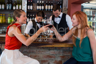 Happy woman toasting a red wine glass at bar counter