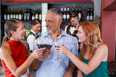 Friends toasting with a glass of red wine in a bar