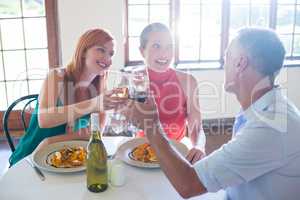 Friends toasting wine glass while having meal