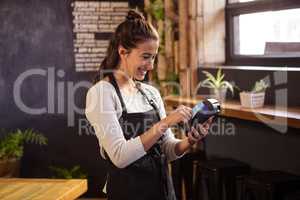 Smiling waitress using a bank card reader