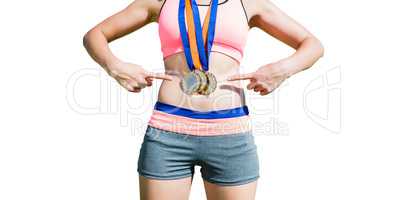 Close up of sportswoman chest with medals