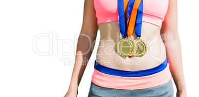 Close up of sportswoman chest with medals