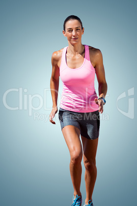 Composite image of facing view of woman running against white ba