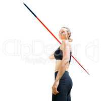 Sportswoman holding a javelin on a white background