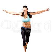 Happy sportswoman is raising arms