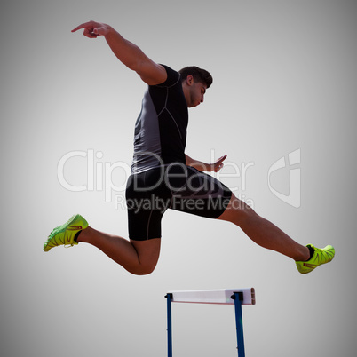 Composite image of athletic woman practicing show jumping