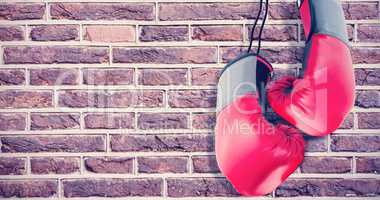 Composite image of boxing gloves attached to white background