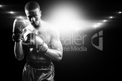 Composite image of portrait of boxer performing uppercut