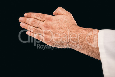 Composite image of close-up of karate fighter making hand gestur