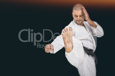 Composite image of fighter performing karate stance