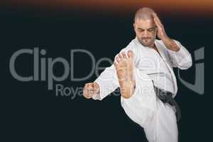 Composite image of fighter performing karate stance