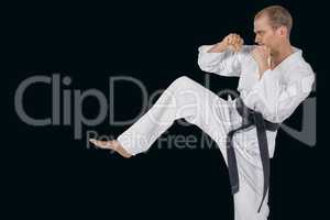 Composite image of fighter performing karate stance