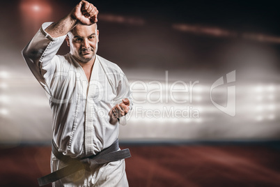 Composite image of fighter performing karate stance