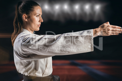 Composite image of female fighter performing karate stance