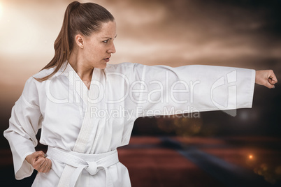 Composite image of fighter performing karate stance
