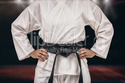 Composite image of female fighter standing with hand on hip