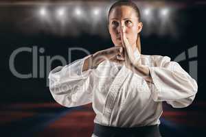 Composite image of female fighter performing hand salute