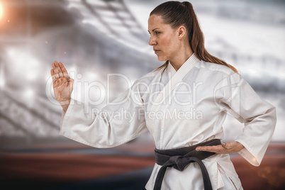 Composite image of female fighter performing karate stance