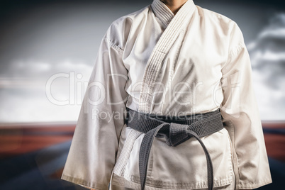 Composite image of mid section of karate player