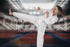 Composite image of fighter performing karate stance