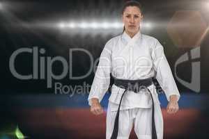 Composite image of female karate player posing on white backgrou