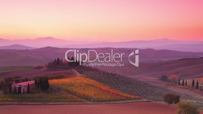 Sunrise over Tuscan Hills. Time Lapse