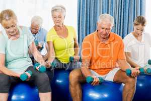 Seniors using exercise ball and weights
