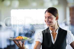 Waitress holding a plate in a restaurant