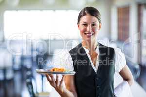 Waitress holding a plate of meal in a restaurant