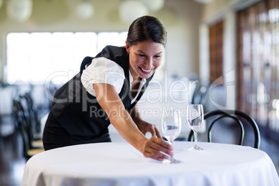 Smiling waitress setting the table