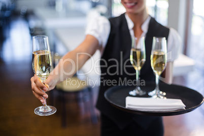 Mid section of waitress offering a glass of champagne