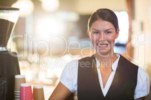 Portrait of waitress standing at counter