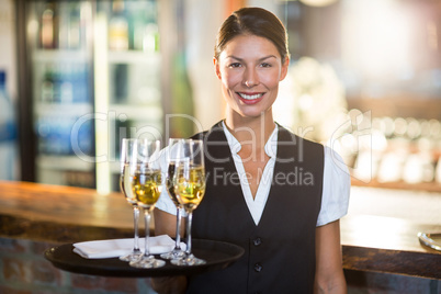 Portrait of waitress holding serving tray with champagne flutesÃ?Â 