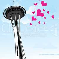 Famous Space Needle an observation tower of Seattle, Washington, and a lot of hearts as symbol of love to the Seattle. Vector illustration.