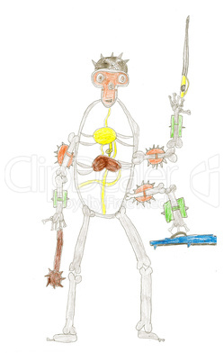 Skeleton wearing military helmet with weapon drawing by kid illustration, human body organs concept