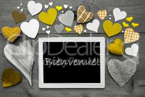 Chalkbord With Many Yellow Hearts, Bienvenue Means Welcome