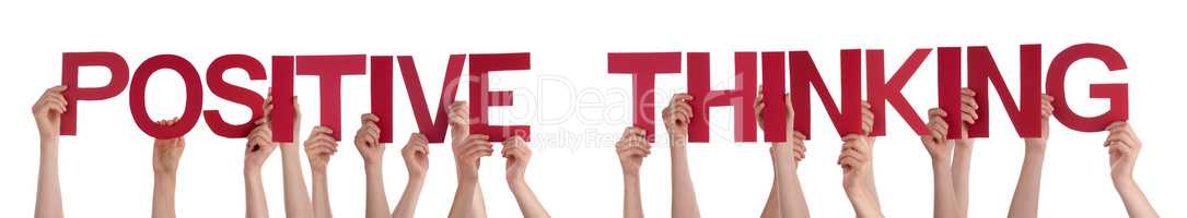 People Hands Holding Red Straight Word Positive Thinking