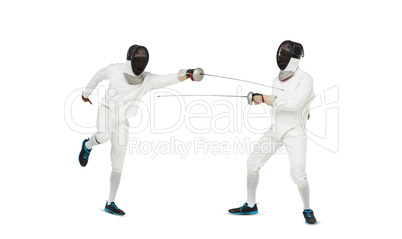 Composite image of man wearing fencing suit practicing with swor