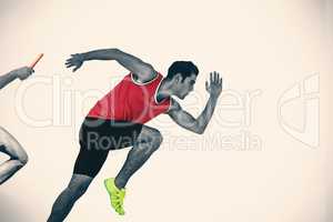 Composite image of confident male athlete running from starting