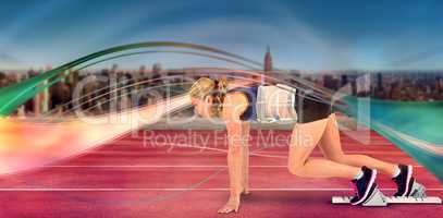 Composite image of female athlete in position ready to run