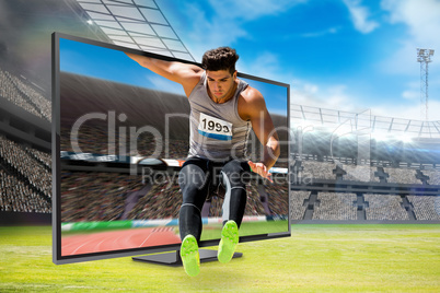 Composite image of sportsman jumping on a white background