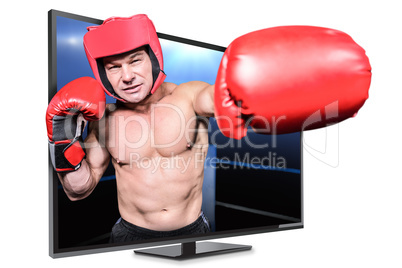 Composite image of boxer punching against black background