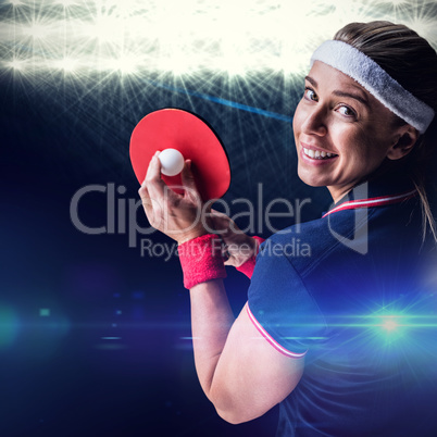 Composite image of female athlete posing during a ping pong matc