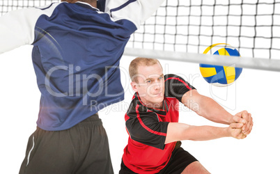 Composite image of rear view of sportsman posing while playing v Composite image of rear view of sportsman posing while playing v