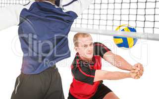 Composite image of rear view of sportsman posing while playing v