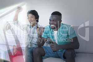 Composite image of friends are watching sport on television