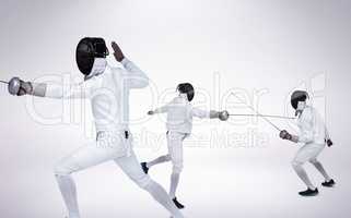 Composite image of man wearing fencing suit practicing with swor