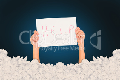 Composite image of woman holding help written on paper