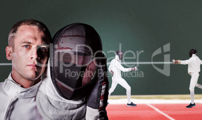 Composite image of close-up of swordsman holding fencing mask